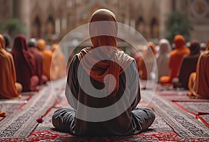 A person wearing an orange shawl sits on the floor near a group of individuals