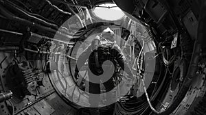 A person wearing an oxygen mask facing away from the camera carefully navigates through the spaceship filled with cables