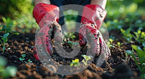 Person wearing red gardening gloves digging in soil.