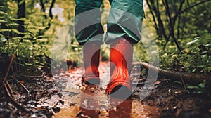 A person wearing red rain boots standing on a muddy path. Generative AI image.