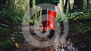 A person wearing red rain boots walking through a forest. AI generative image.