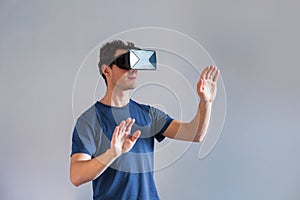 Person wearing virtual reality VR headset, hmd glasses