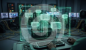 Person wearing vr headset interacts with holographic data interface in server room