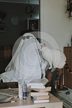 Person wearing a white bedsheet over his head like a ghost with a white cat on the couch armrest