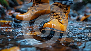 A person wearing yellow boots standing in a puddle of water, AI