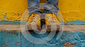 A person wearing yellow sneakers standing on a blue and white wall, AI