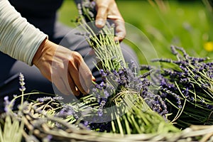 person weaving lavender stems into a fragrant flower wreath