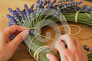 person weaving lavender stems into a fragrant flower wreath