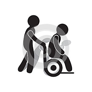 person in a wheelchair being helped. Vector illustration decorative design