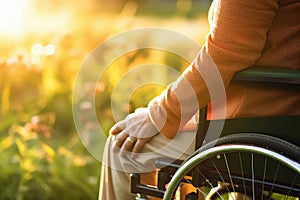 Person in wheelchair relaxing in nature, space for description. Generative Ai