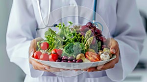 Person in White Coat Holding Plate of Vegetables