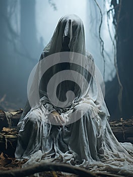 a person in a white robe sitting in the woods
