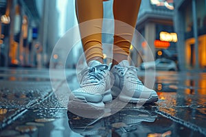 A person in white sneakers and yellow leggings stands on wet pavement