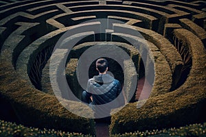 person, who is experiencing hallucinations and delusions of schizophrenia, sitting in maze-like garden