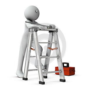 A person who puts his feet on a stepladder. He has a tape measure in his hand.