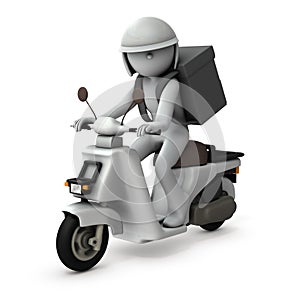 A person who rides a scooter and delivers food quickly. Food delivery service. 3D rendering.