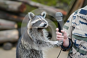 person with wildlife uniform offering a microphone to a curious raccoon