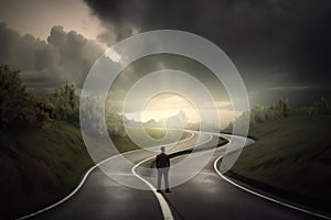 Person on the Winding Road to Success Amidst Blurred Nature Background