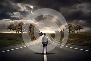 Person on the Winding Road to Success Amidst Blurred Nature Background