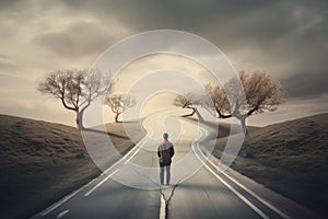 Person on the Winding Road to Success Amidst Blurred Nature Background