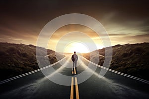 Person on the Winding Road to Success Amidst Blurred Nature Background