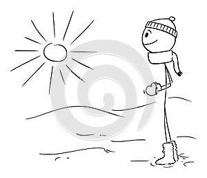 Person in Winter Watching Sun, Vector Cartoon Stick Figure Illustration