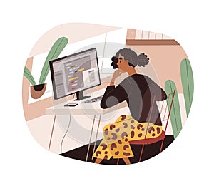 Person work at computer. Coder developing software at desktop. Information technology developer at desk. Web designer