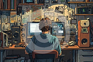 Person working at a cluttered computer desk in a room