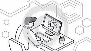 Person working on a computer with abstract tech elements, symbolizing innovation, vector design Generative AI