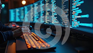 Person working on computer coding. Multiple monitors with code on the screen. Programmer, software developer at work. Technology,