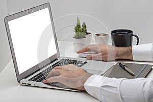 Person working with computer on desk. Mockup computer