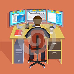 Person working at the computer. Flat style vector illustration.