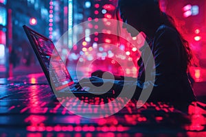 Cyberpunk Woman Coding at Night, Neon City Lights