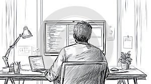 Programmer Working on Code at Desk - Sketch Style