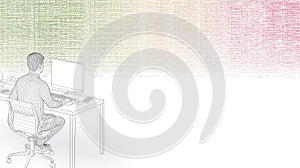 Person Working at Desk with Computer Surrounded by Abstract Data Visualizations in Background