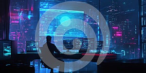 a person is working at a desk with multiple computer screens displaying complex data and code in a futuristic
