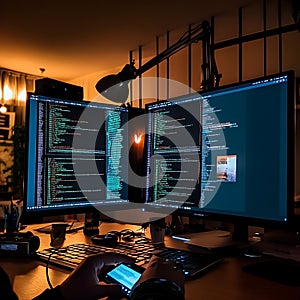 Developer working on computer with multiple screens and data displayed