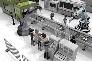 Person working in a factory. Operate the machine. Manufacturing industry that makes things. 3D illustration