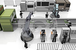 Person working in a factory. Operate the machine. Manufacturing industry that makes things. 3D illustration