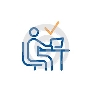 Person working with his computer at the desk. Vector thin line icon design illustration. Working remotely or business workspace,