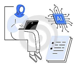 Woman using laptop with artificial intelligence technology and digital document integration