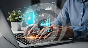 Person working on laptop with AI interface and data visualization