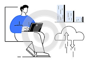 Person Using Laptop with Cloud Computing and Data Analytics Elements