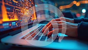 Person working on laptop. Computer program coding or data processing. Tech, IT, cyberspace, programming, software development,