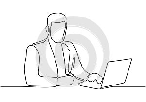 Person working with laptop. Continuous one line drawing. Single hand drawn minimalism style