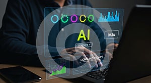 AI Technology Development and Data Analysis with Person Using Laptop in Dark Environment