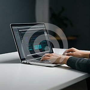 Person working on a laptop displaying coding or programming software, possibly