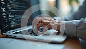 Person working on laptop. Hands typing on keyboard. Modern tech, digital tools. Code, software, programming, coding, developer.
