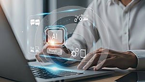Person using laptop with AI interface, artificial intelligence concept