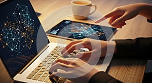 Person working on laptop and tablet with network visualization